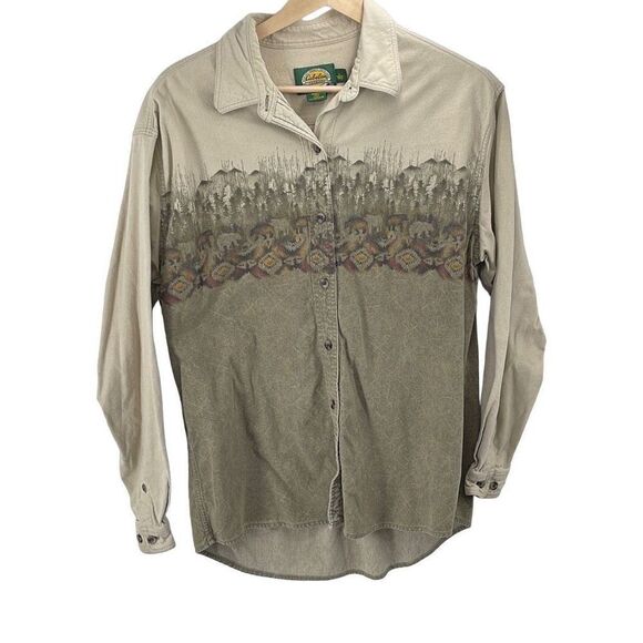 Cabelas Women Long Sleeve Top Button Down Shirt southwest Tan Large - Picture 1 of 16